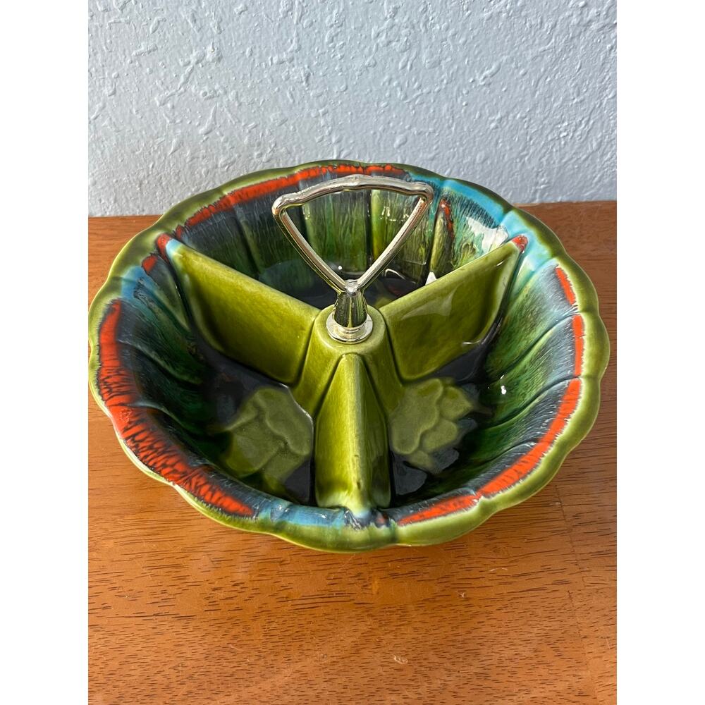 VTG California Originals Divided Relish Dish Retro Green Drip Glaze MCM USA - Picture 2 of 7